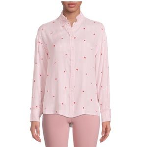 Time and Tru Women’s Ruffle Collar Pinstripe Shirt with Hearts Sz XL